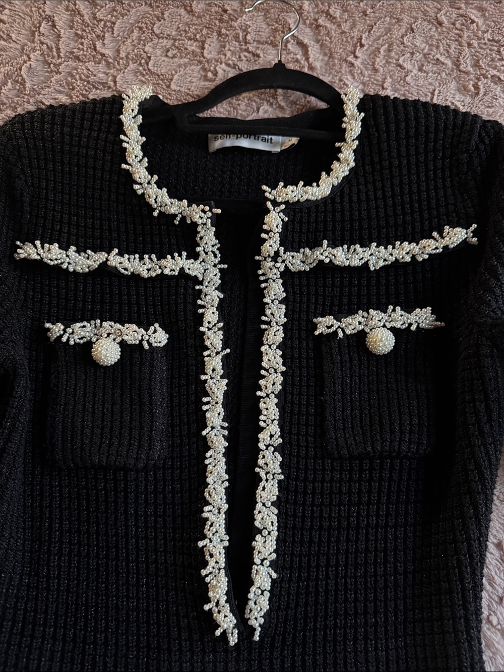 Self-Portrait Black Knit Long-Sleeve Midi Dress with Cream Trim - Picture 8 of 8